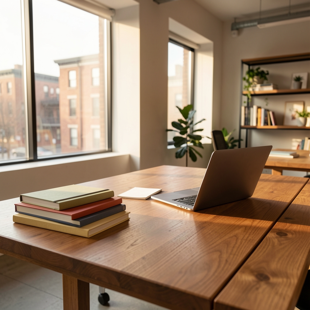 Clean open-plan editorial workspace with wooden desk, natural light streaming through large windows, notebooks and reference materials arranged neatly
