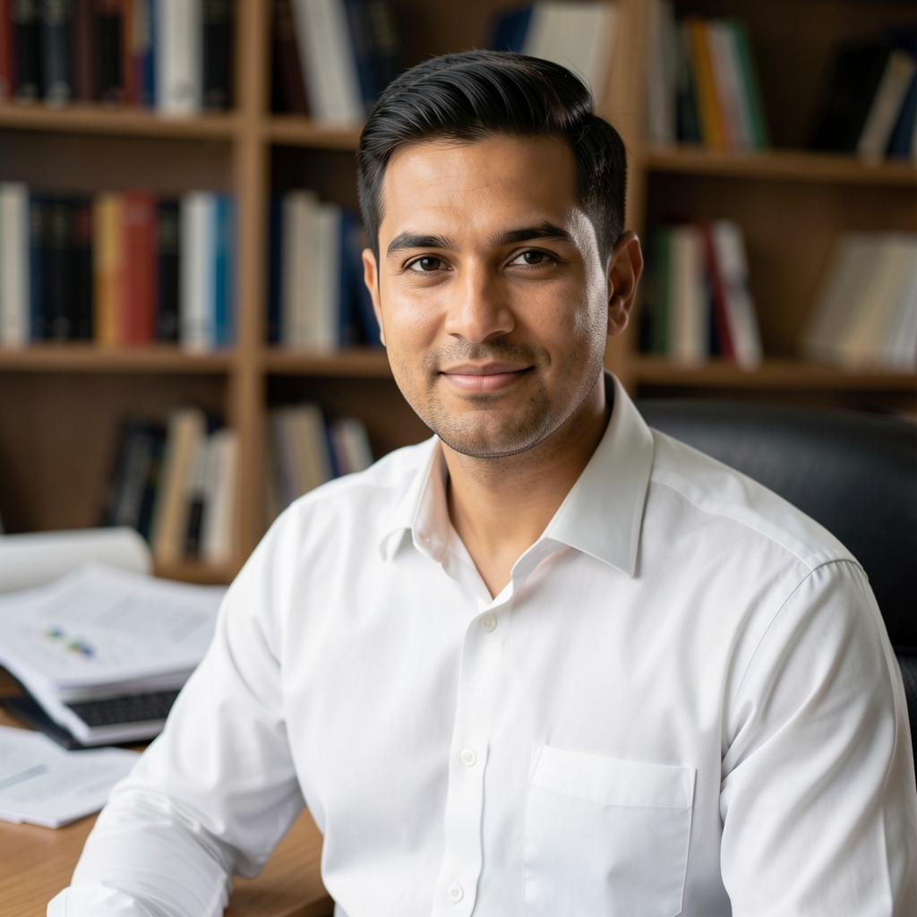 Professional portrait of a man in a white shirt at a desk with research papers and a bookshelf behind him, photographed in controlled studio lighting
