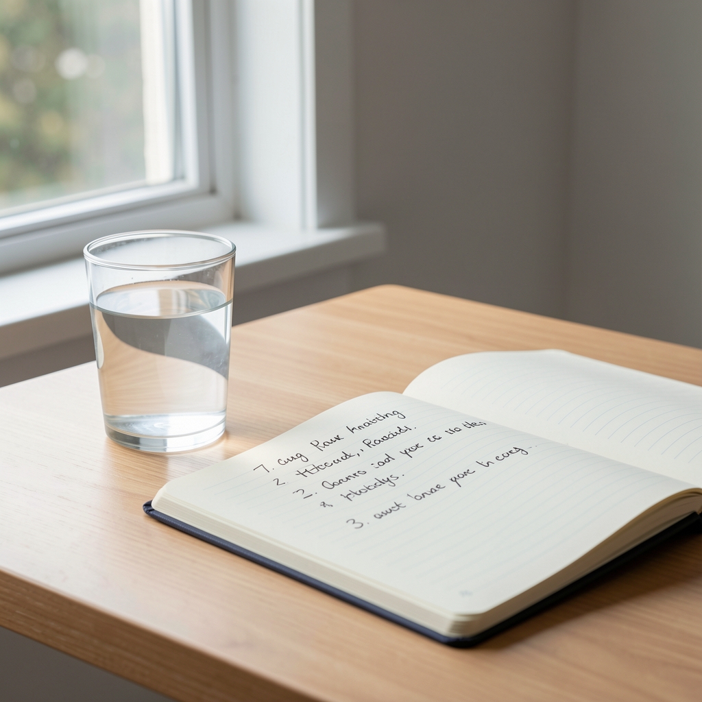 Minimalist morning routine setup with a glass of water, open notebook with handwritten goals, and daylight coming through a window