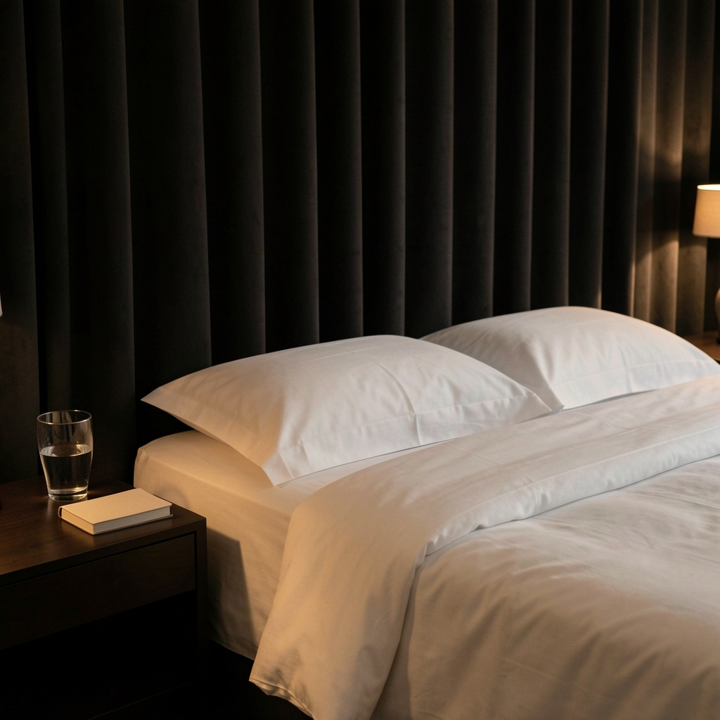 Close-up of a dark bedroom with blackout curtains, a bed with clean white linen, a glass of water and a small journal on a bedside table in low warm light